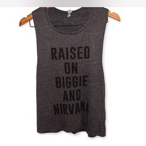 “Raised on Biggie & Nirvana” Gray Sleeveless Graphic Top